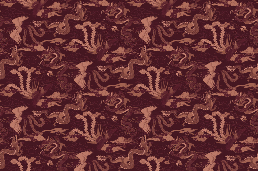 Flat pattern view of The Lacquer Palace wallpaper in oxblood and rose, showing the dragons and phoenixes