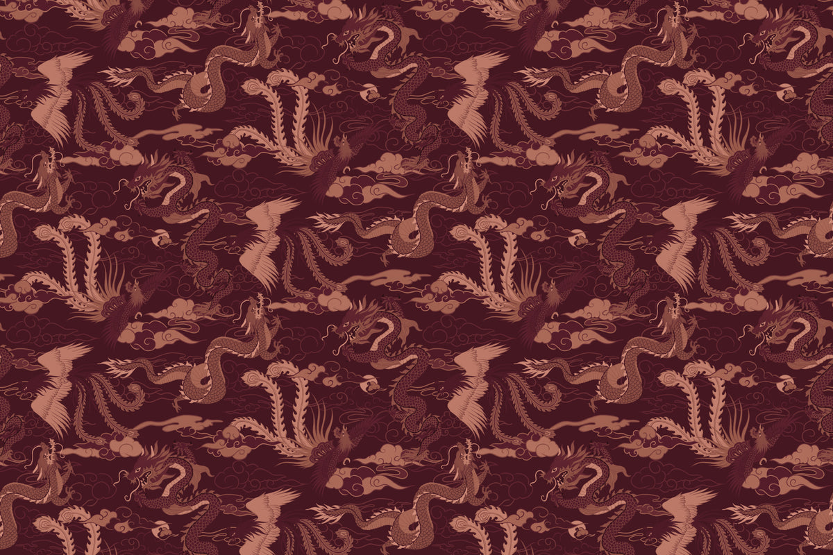 Flat pattern view of The Lacquer Palace wallpaper in oxblood and rose, showing the dragons and phoenixes