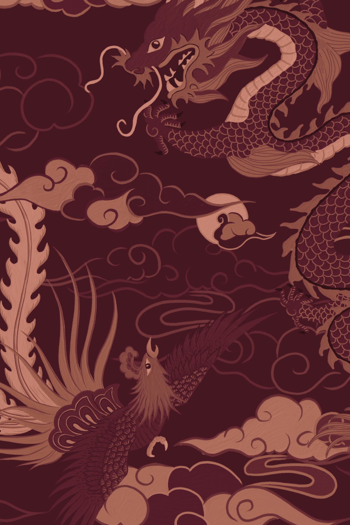 Close-up of The Lacquer Palace wallpaper in oxblood and rose showing the dragons and phoenixes in detail