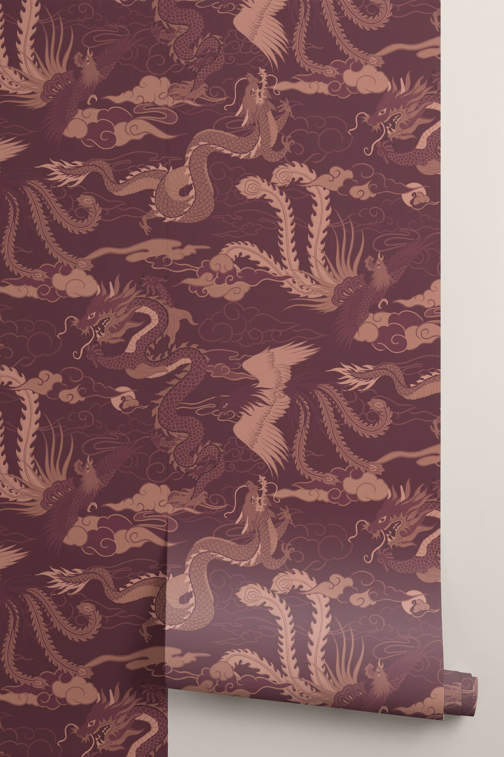 Roll of The Lacquer Palace wallpaper in oxblood and rose
