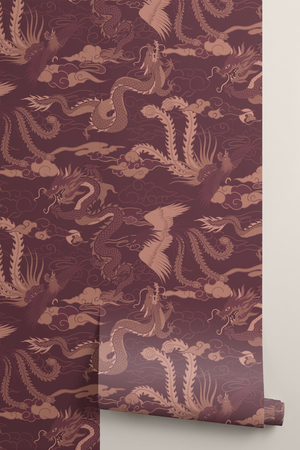 Roll of The Lacquer Palace wallpaper in oxblood and rose