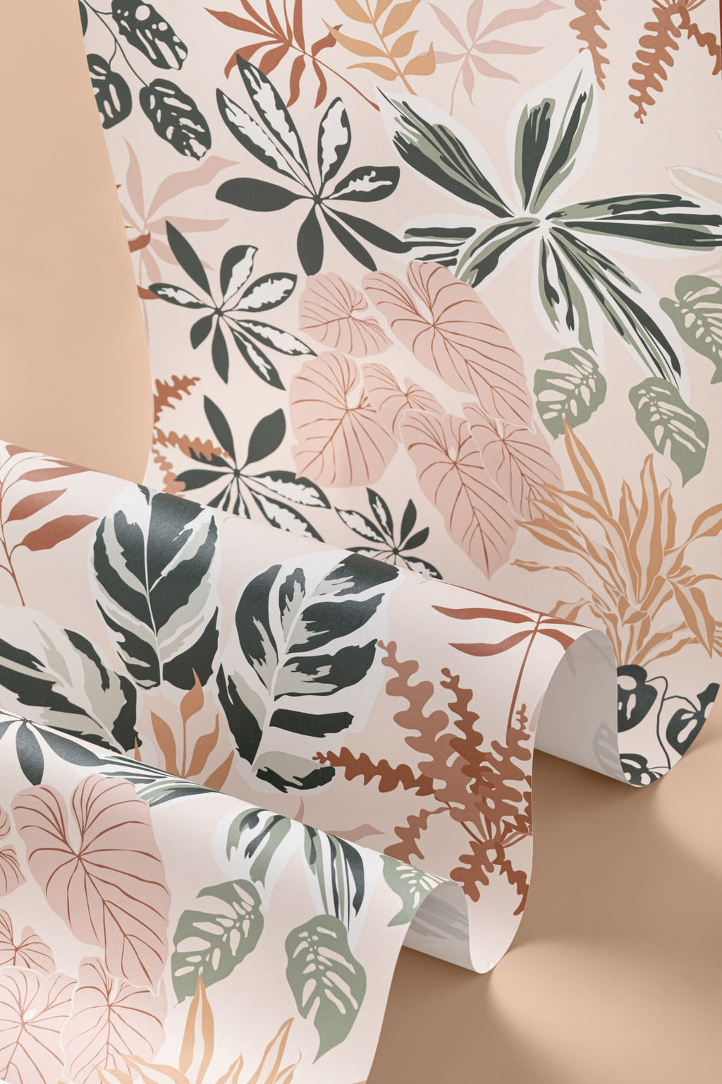Roll of The Leafy Solarium wallpaper in warm sand and pine, view 3