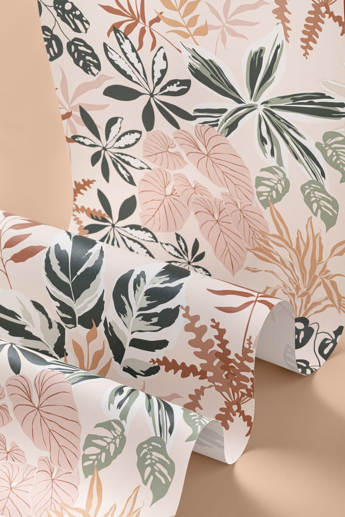 Roll of The Leafy Solarium wallpaper in warm sand and pine, view 3