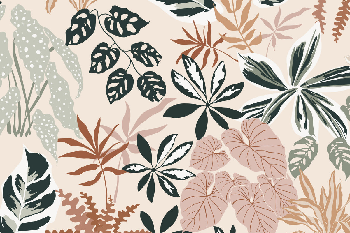 Flat pattern view of The Leafy Solarium wallpaper in warm sand and pine, showing the oversized modern leaves