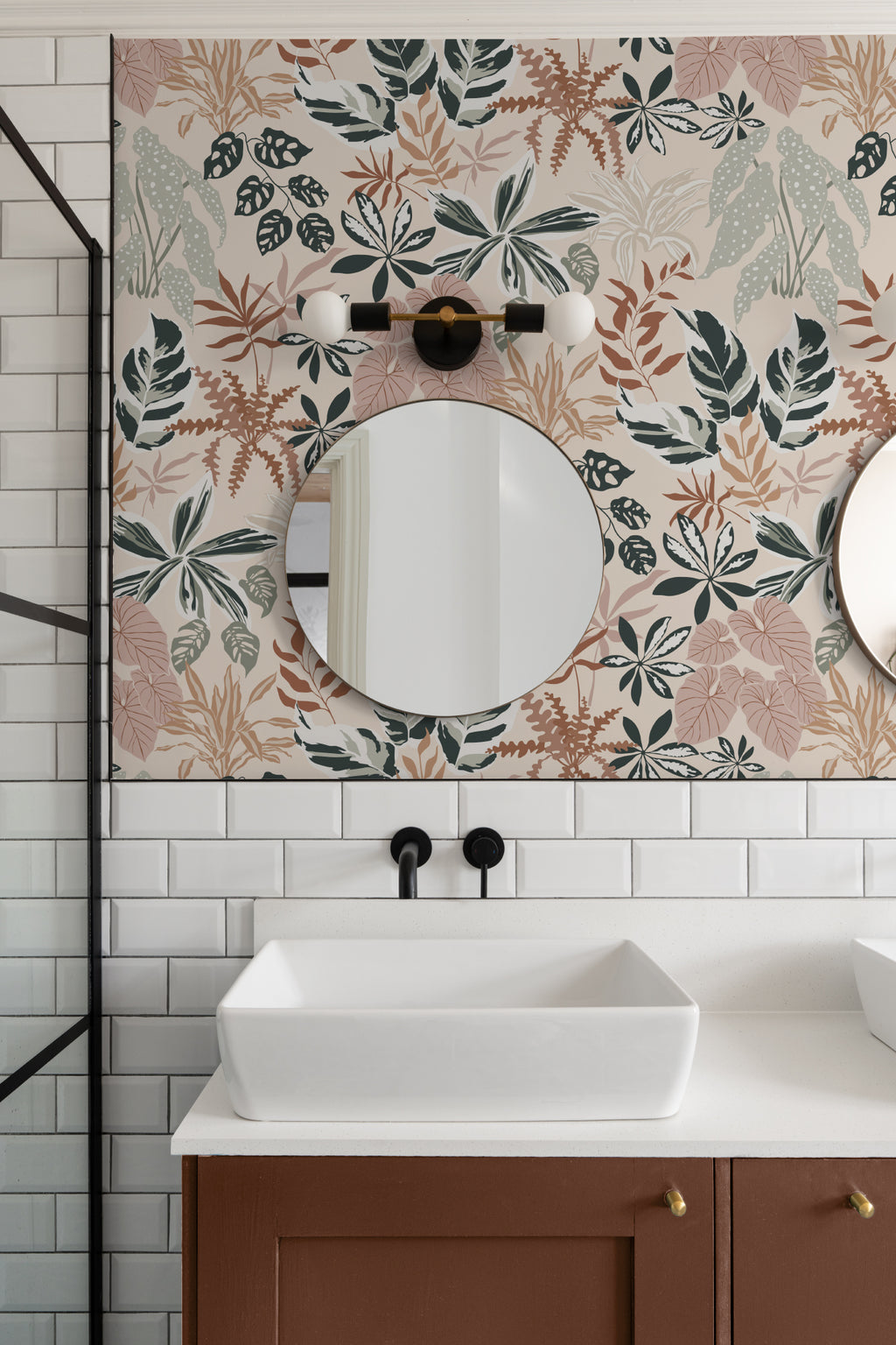 The Leafy Solarium wallpaper in warm sand and pine in a bathroom