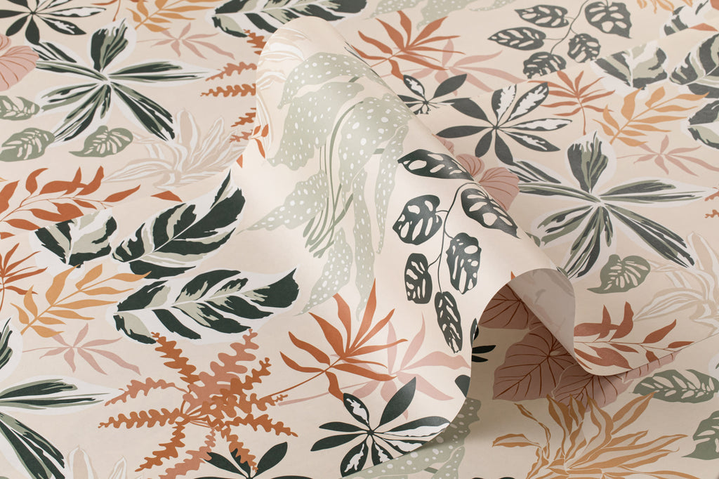 Roll of The Leafy Solarium wallpaper in warm sand and pine