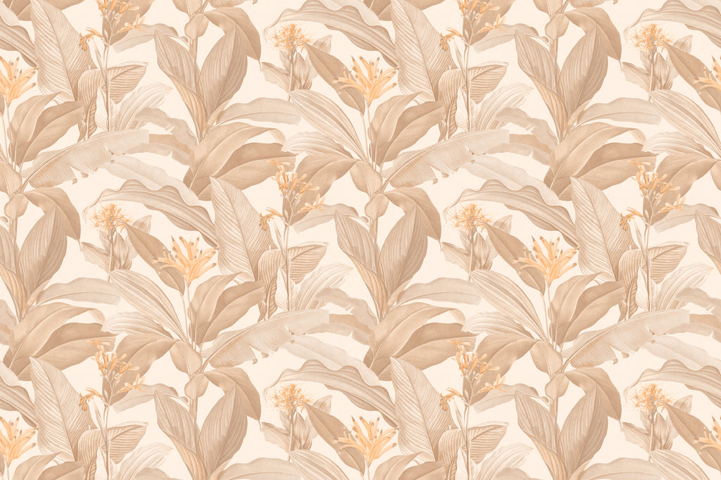 Flat pattern view of The Leafy Veranda wallpaper in sand and toffee, showing the layered banana leaves