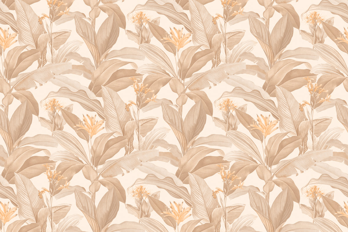 Flat pattern view of The Leafy Veranda wallpaper in sand and toffee, showing the layered banana leaves