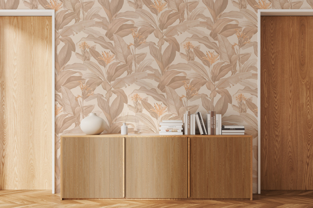 The Leafy Veranda wallpaper in sand and toffee in a living room