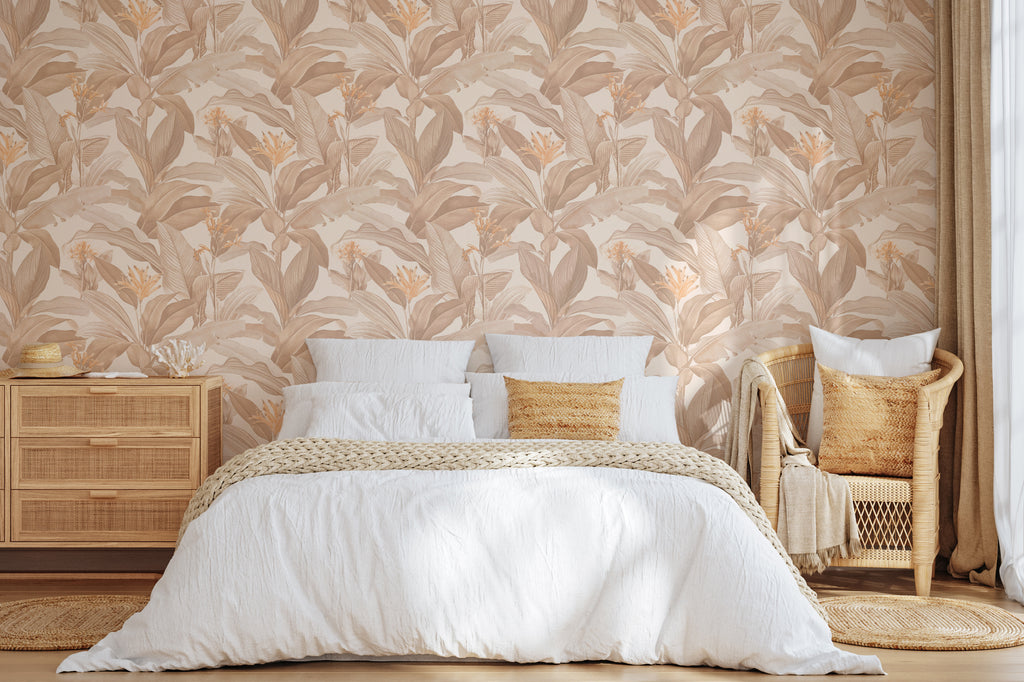 The Leafy Veranda wallpaper in sand and toffee behind the bed in a bedroom