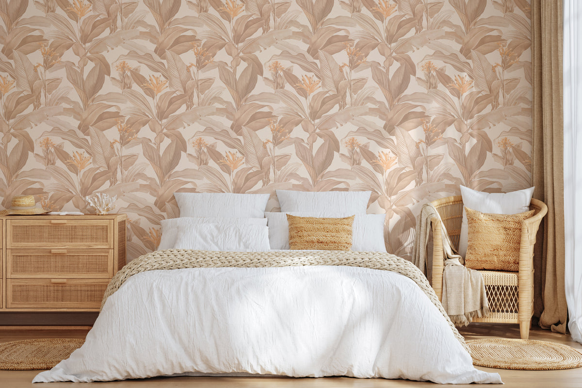 The Leafy Veranda wallpaper in sand and toffee behind the bed in a bedroom
