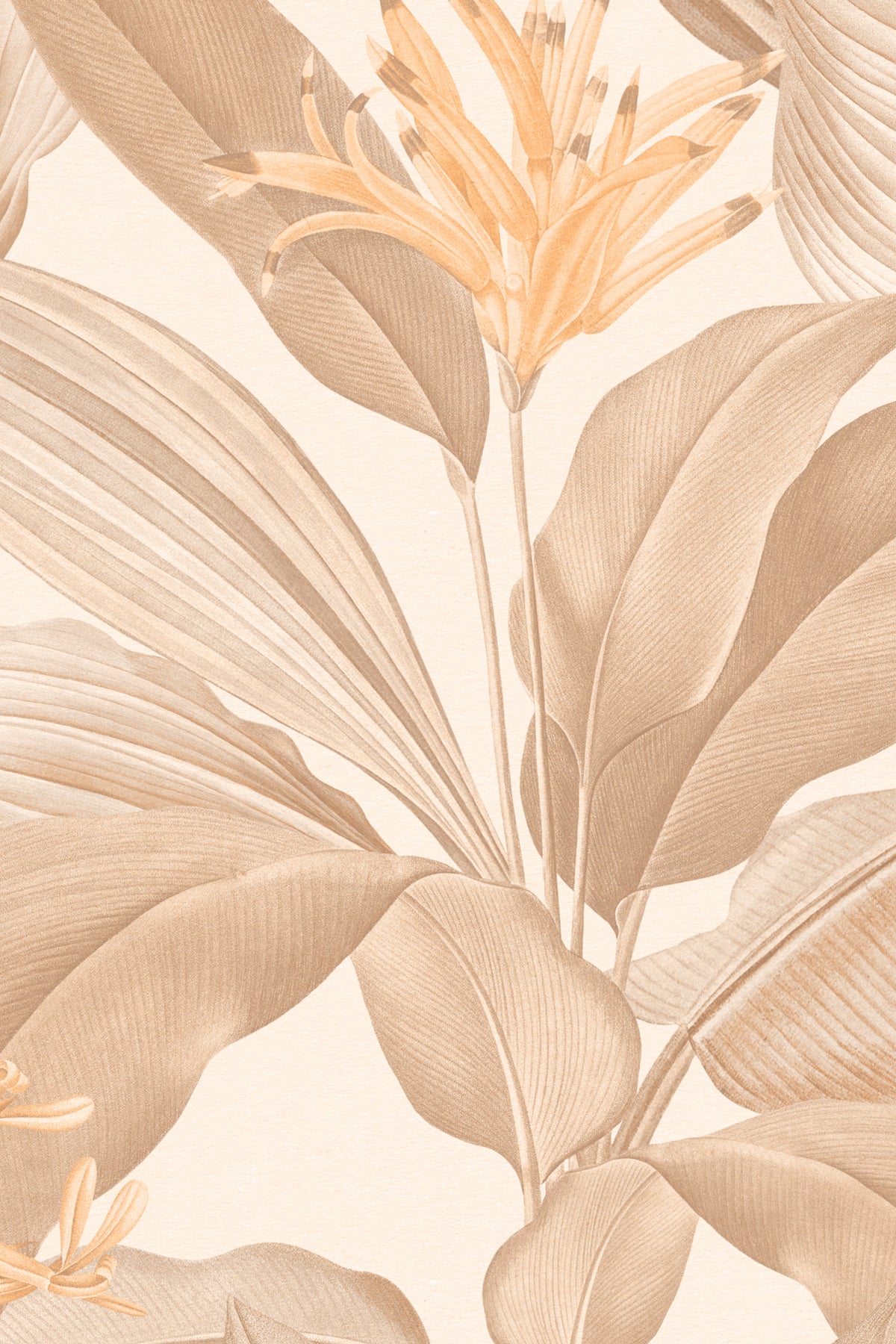 Close-up of The Leafy Veranda wallpaper in sand and toffee showing the layered banana leaves in detail