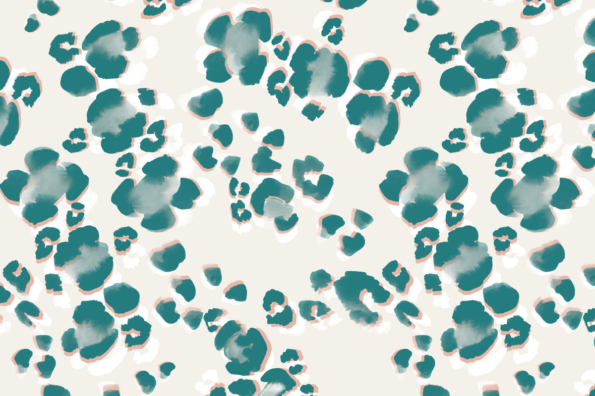 Flat pattern view of The Leopard Lounge wallpaper in teal, showing the oversized leopard spots