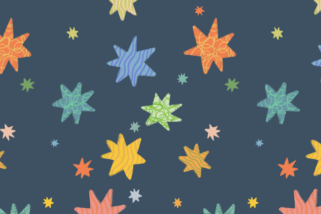 Flat pattern view of The Little Constellation wallpaper in ink navy and gold, showing the hand-drawn stars