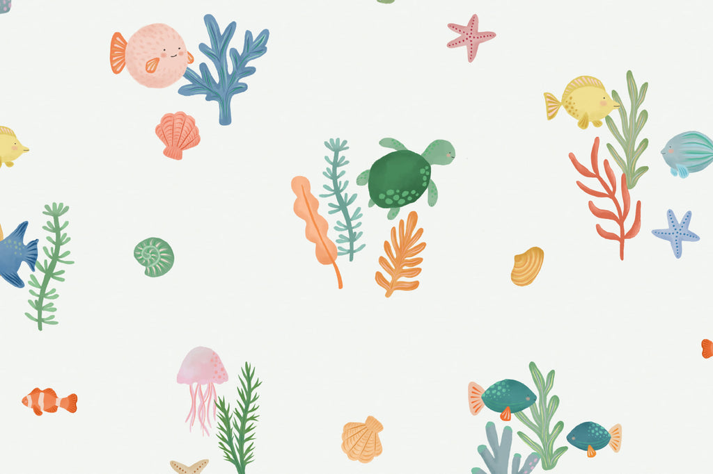 Flat pattern view of The Little Rockpool wallpaper in coral and seafoam, showing the fish, turtles and coral
