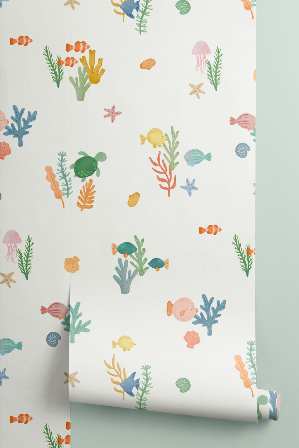 Roll of The Little Rockpool wallpaper in coral and seafoam, another angle