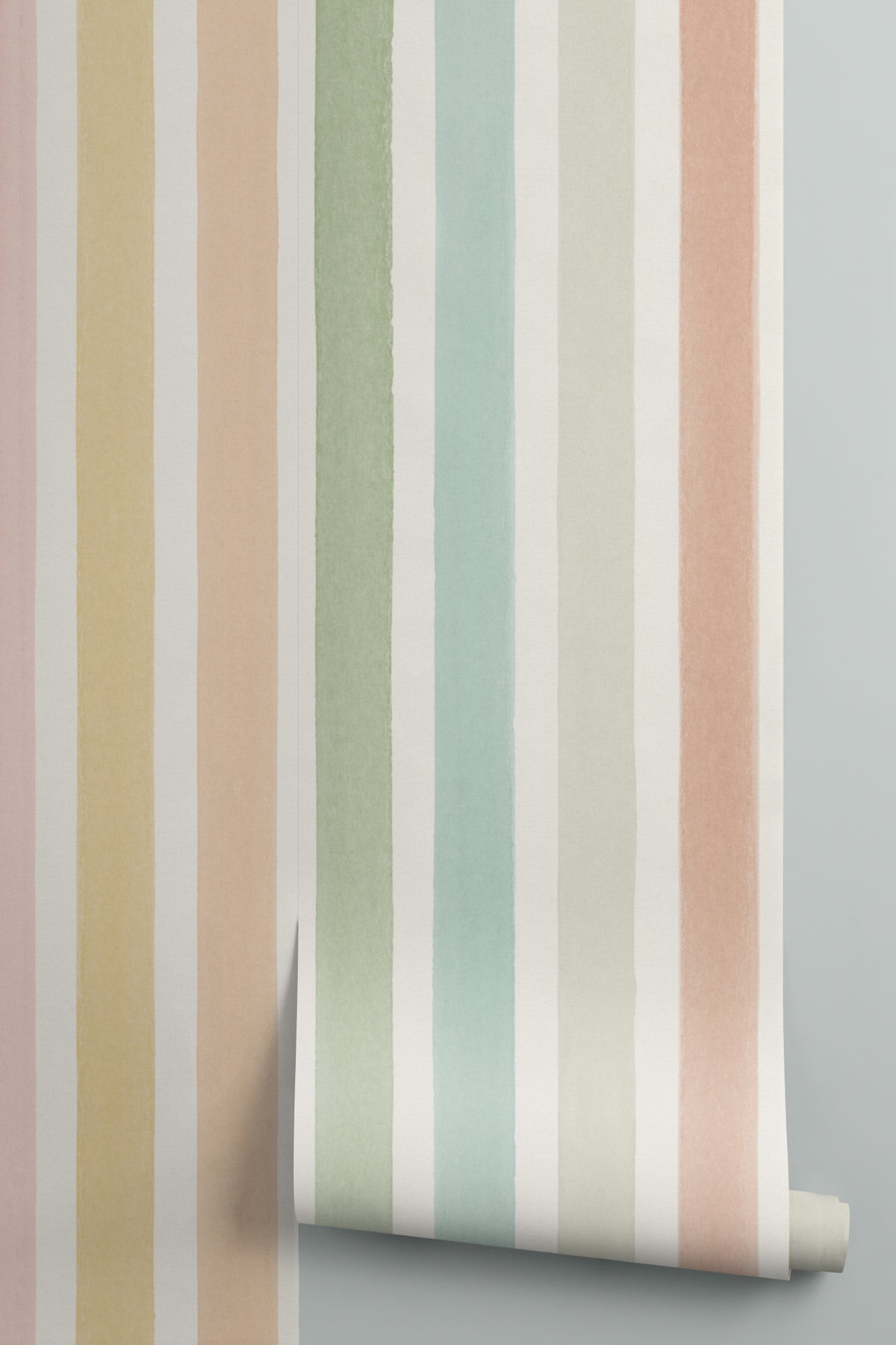 Rolled panel of The Macaron Stripe mural in peach and mint