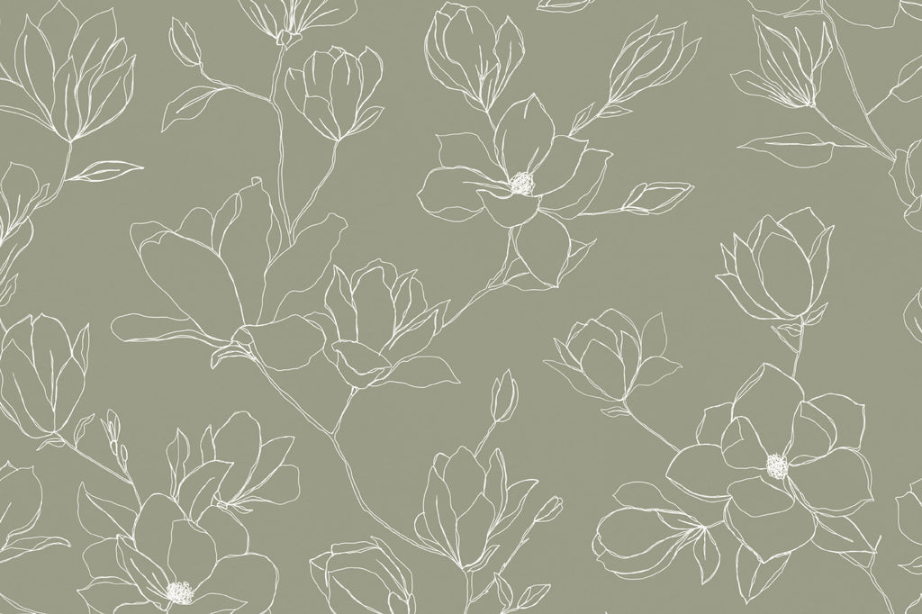 Flat pattern view of The Magnolia Sketchbook wallpaper in olive sage, showing the line-drawn magnolia branches