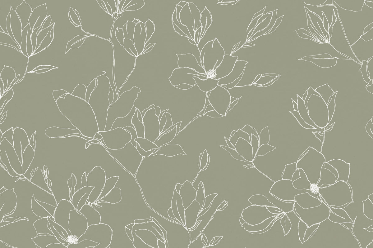 Flat pattern view of The Magnolia Sketchbook wallpaper in olive sage, showing the line-drawn magnolia branches