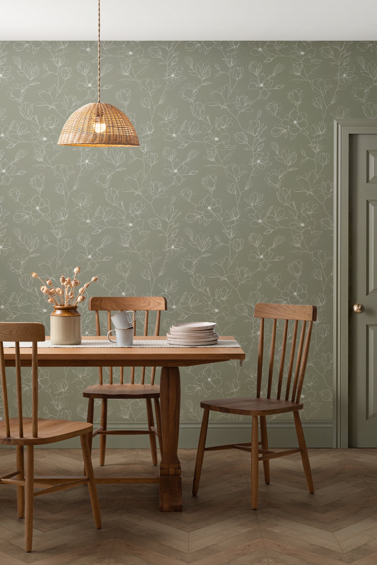 The Magnolia Sketchbook wallpaper in olive sage in a dining room