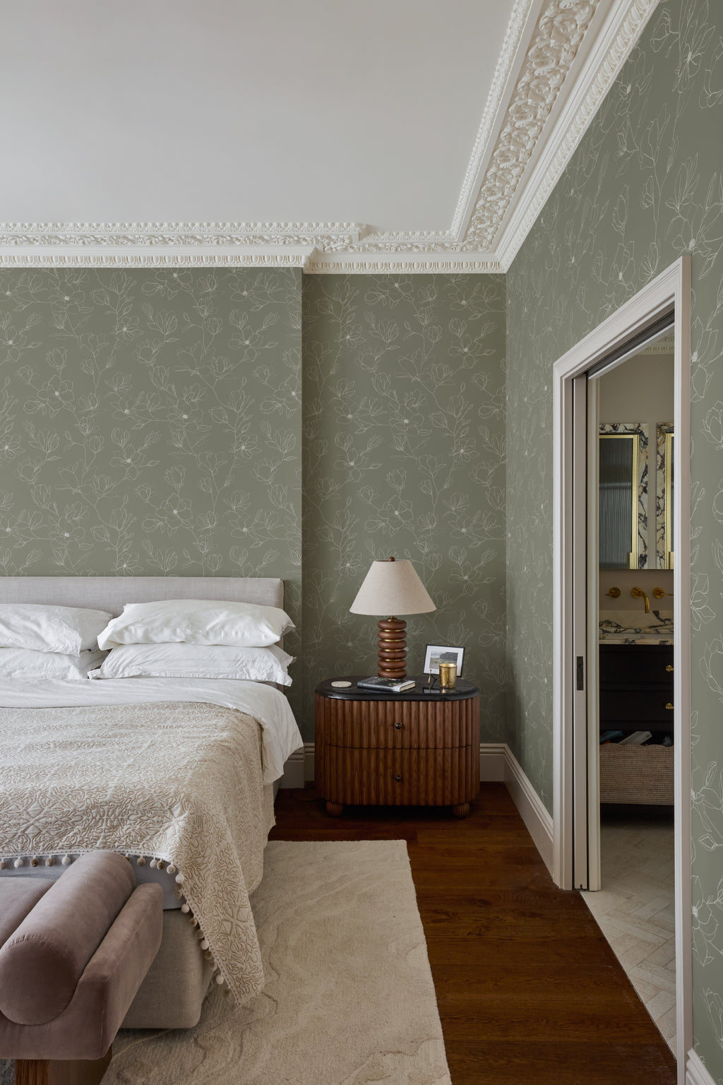The Magnolia Sketchbook wallpaper in olive sage in a hallway