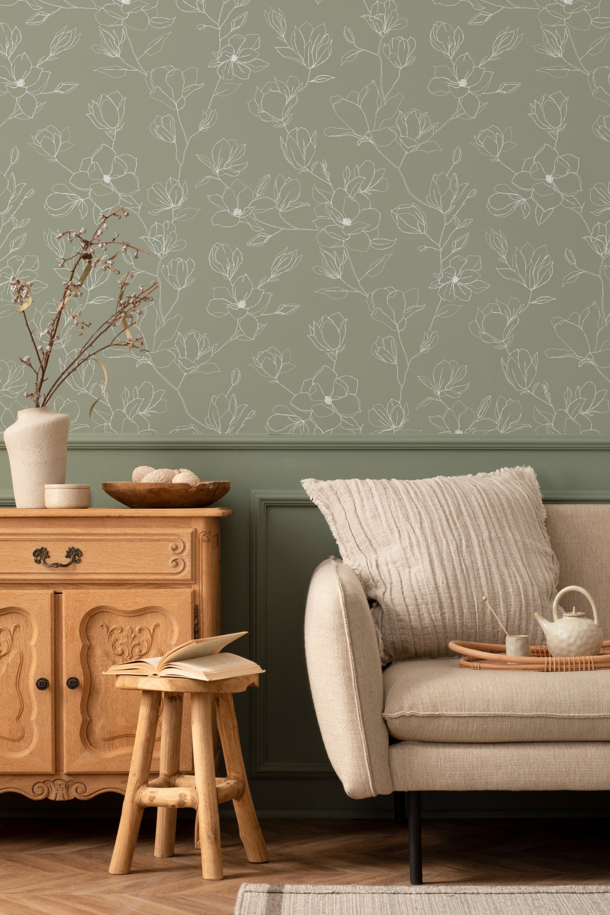 The Magnolia Sketchbook wallpaper in olive sage behind seating in a living room