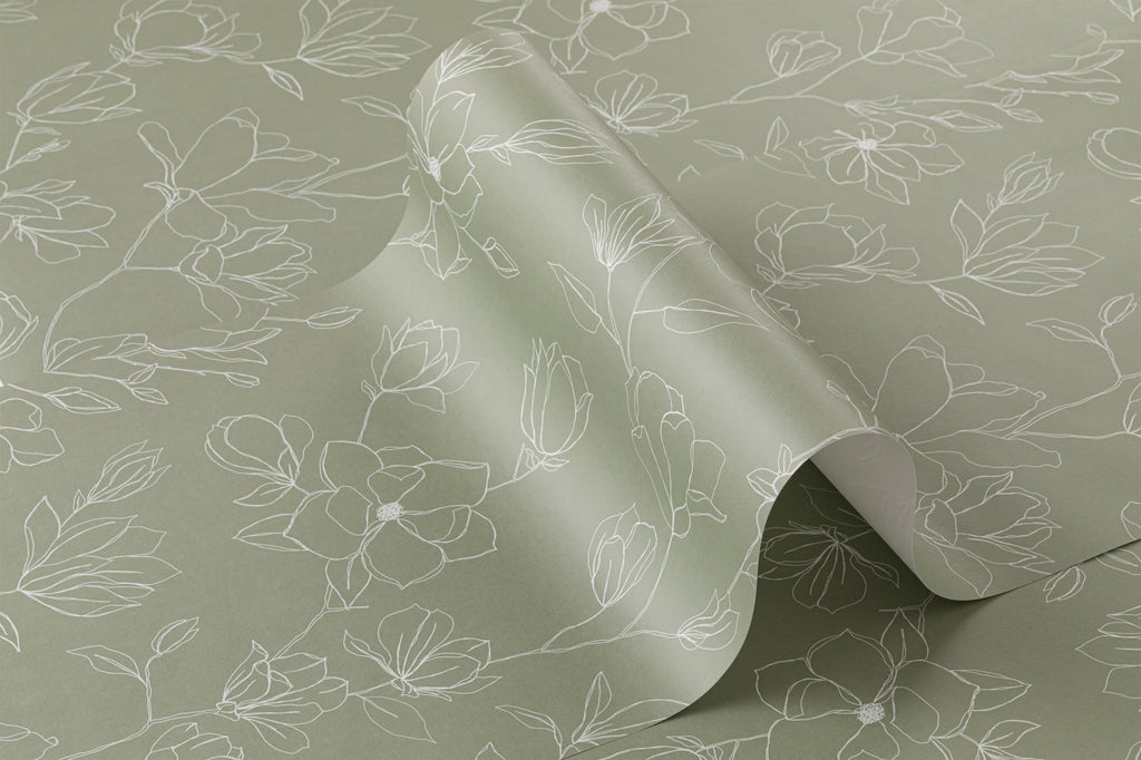 Roll of The Magnolia Sketchbook wallpaper in olive sage
