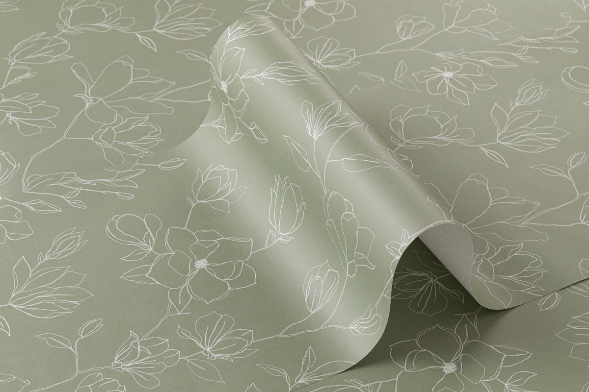 Roll of The Magnolia Sketchbook wallpaper in olive sage