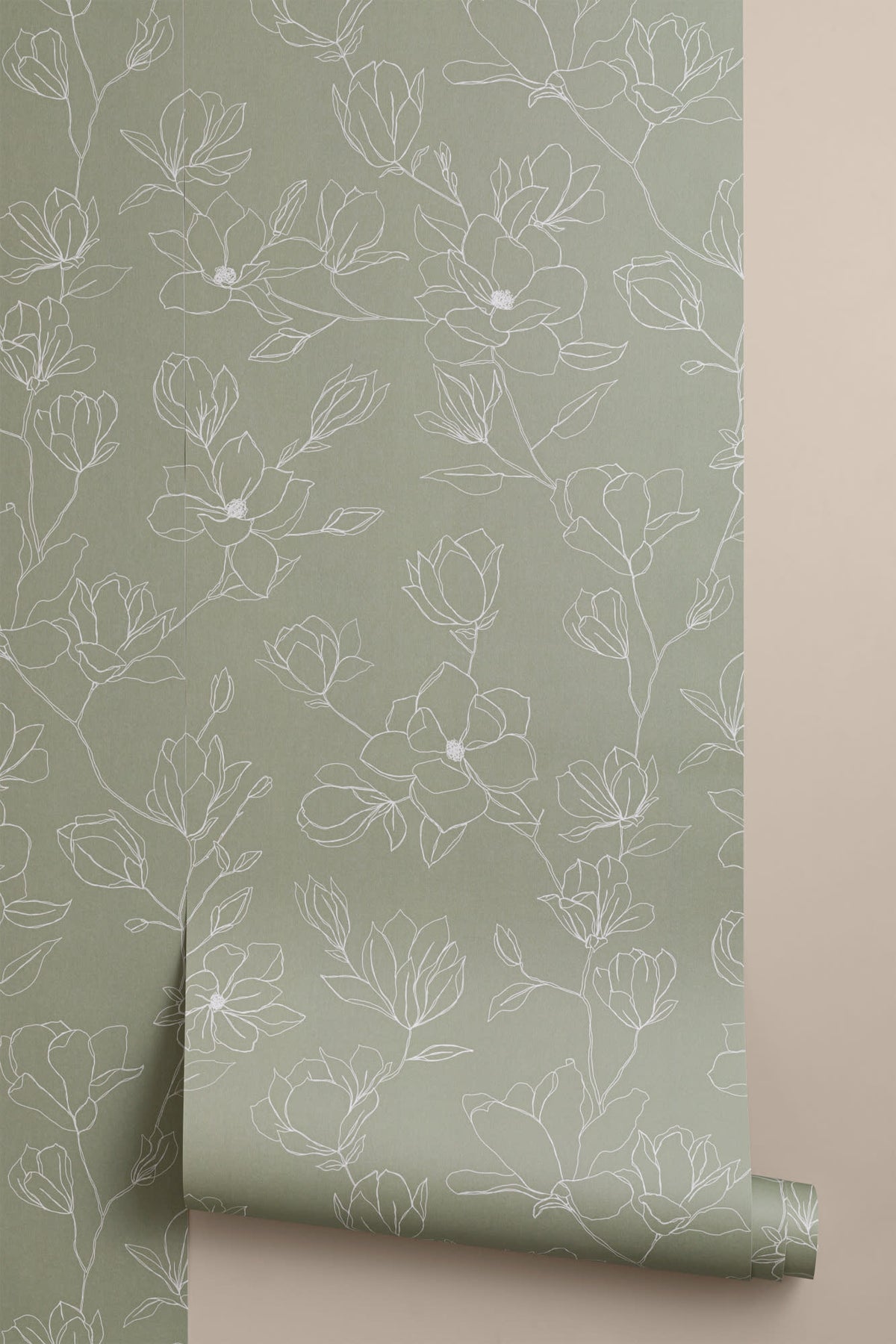 Roll of The Magnolia Sketchbook wallpaper in olive sage, another angle
