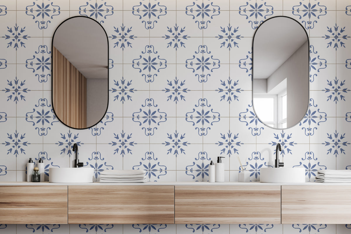 The Majolica Tile mural in cobalt and white in a bathroom