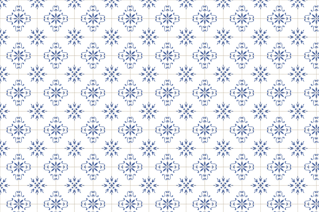 Full artwork view of The Majolica Tile mural in cobalt and white, showing hand-painted tile motifs