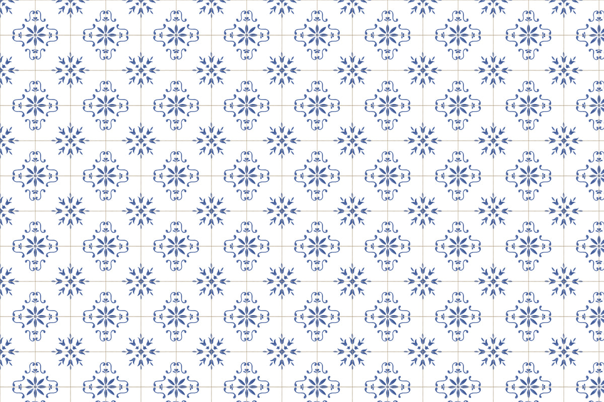 Full artwork view of The Majolica Tile mural in cobalt and white, showing hand-painted tile motifs