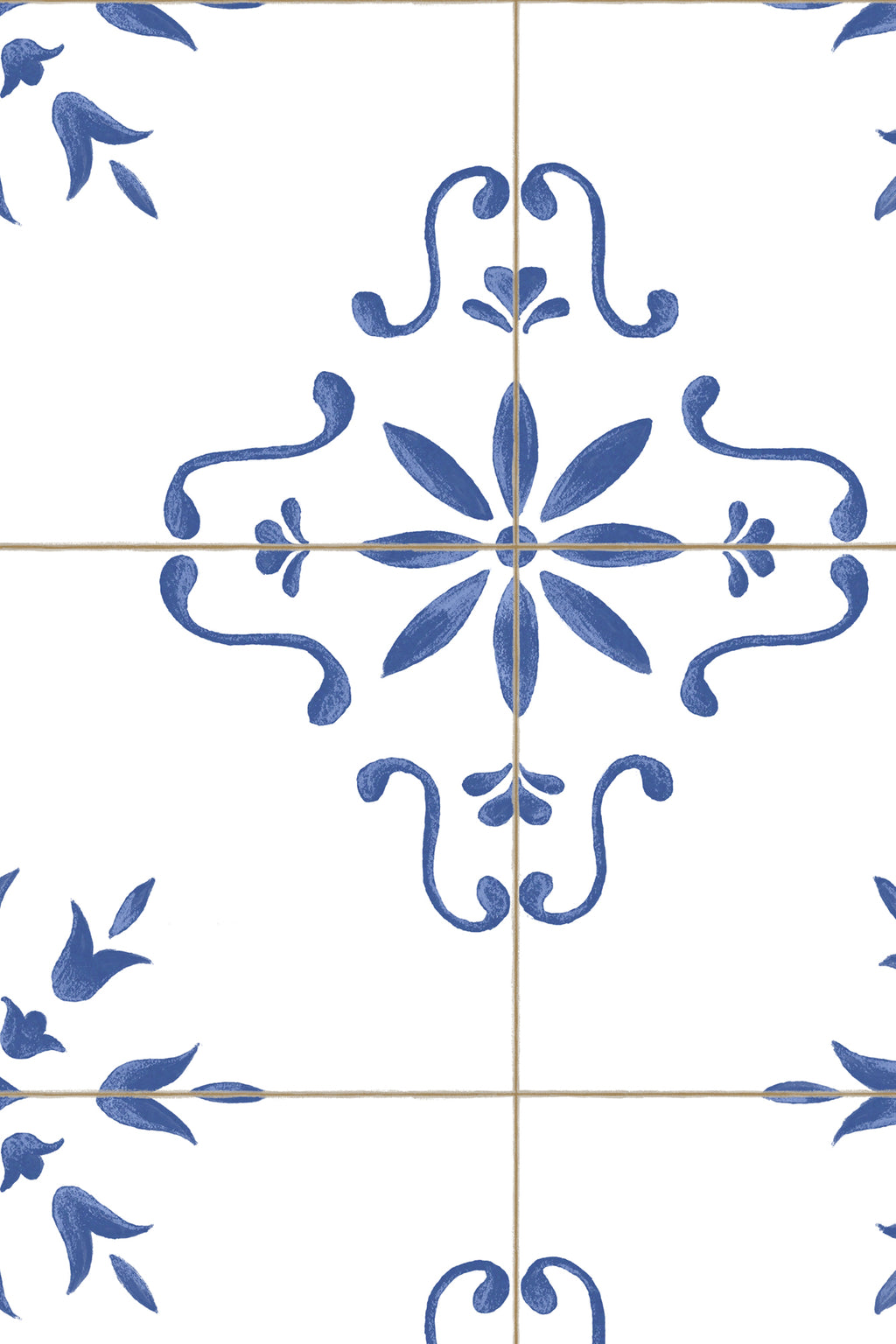 Close-up of The Majolica Tile mural in cobalt and white showing the hand-painted tile motifs in detail