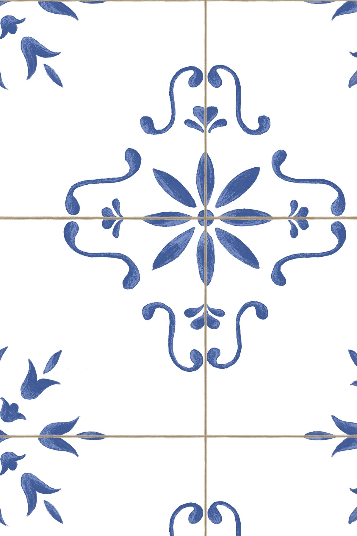 Close-up of The Majolica Tile mural in cobalt and white showing the hand-painted tile motifs in detail