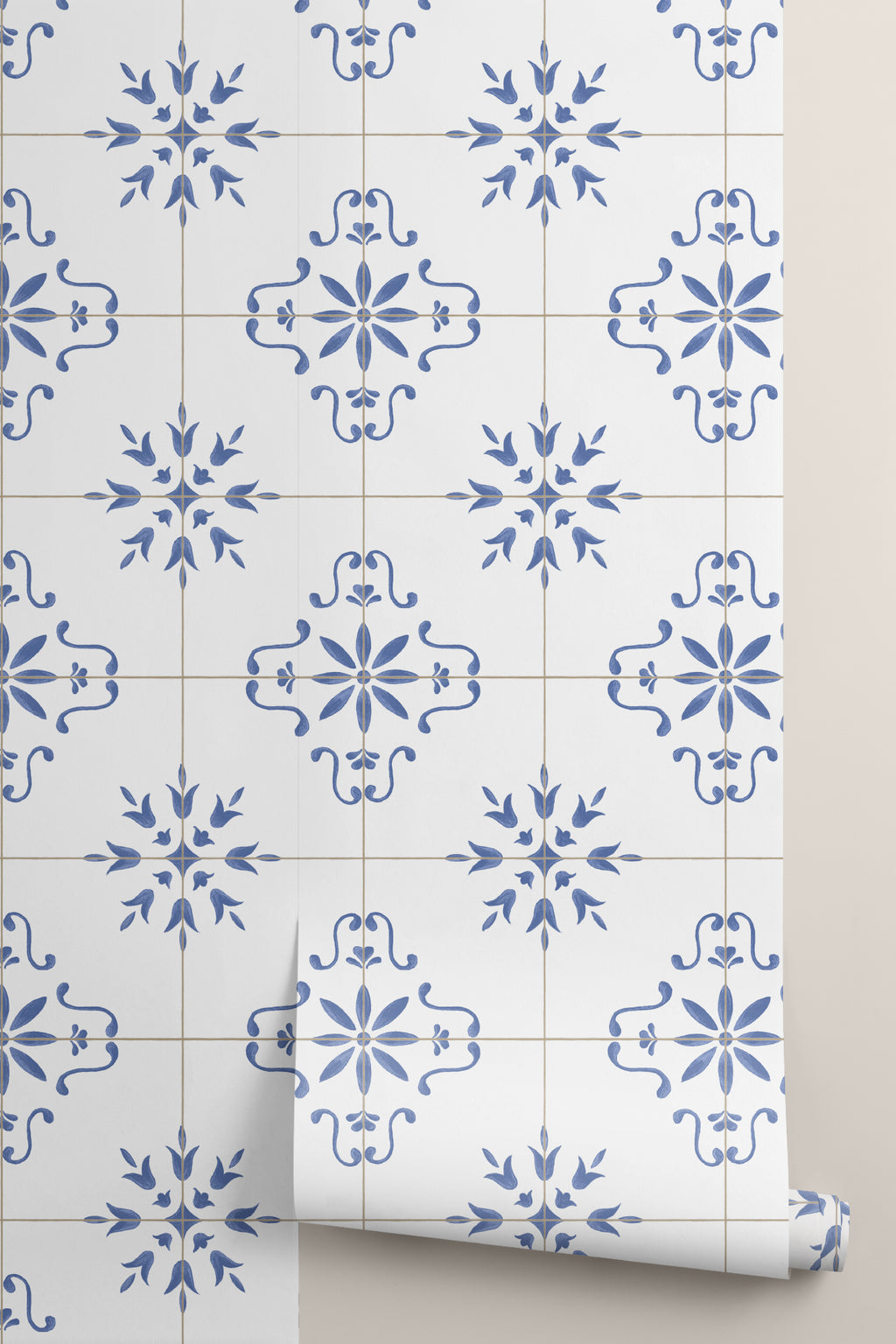 Rolled panel of The Majolica Tile mural in cobalt and white