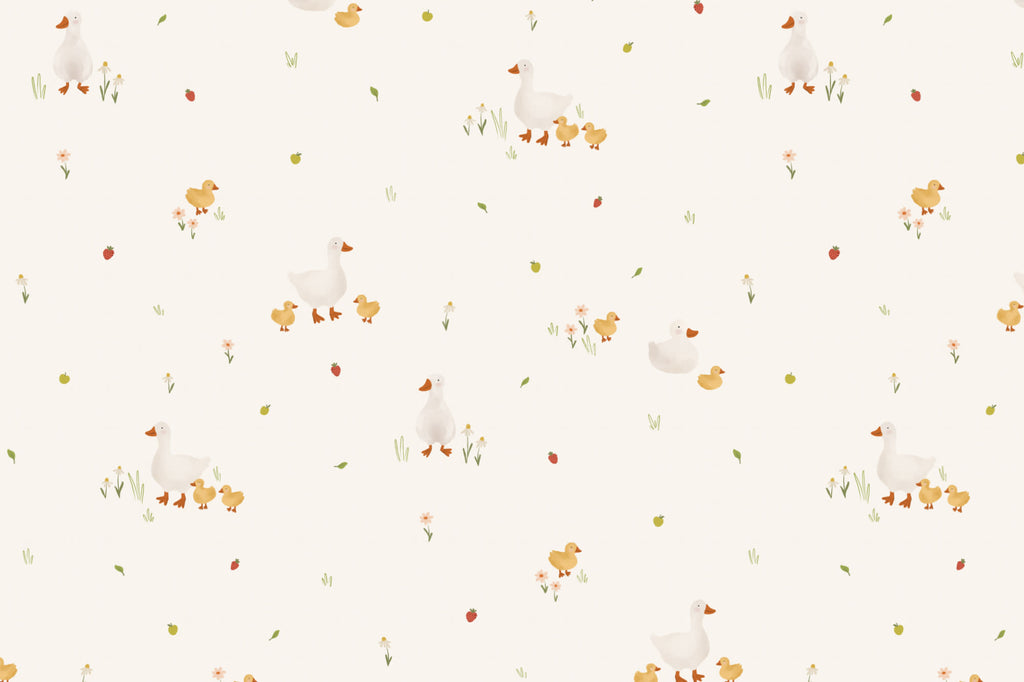 Flat pattern view of The Mallard Meadow wallpaper in buttermilk and beige, showing the ducks with their ducklings