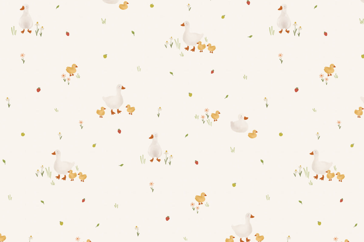 Flat pattern view of The Mallard Meadow wallpaper in buttermilk and beige, showing the ducks with their ducklings