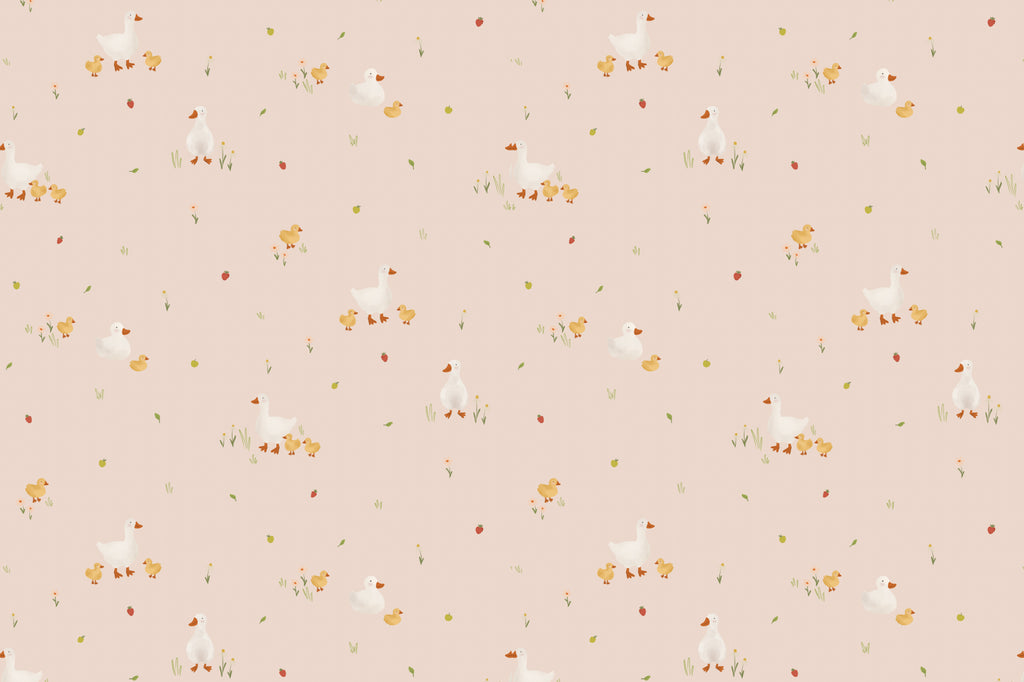 Flat pattern view of The Mallard Meadow wallpaper in shell pink, showing the ducks with their ducklings