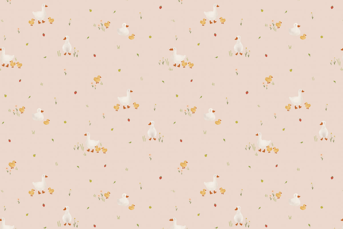Flat pattern view of The Mallard Meadow wallpaper in shell pink, showing the ducks with their ducklings