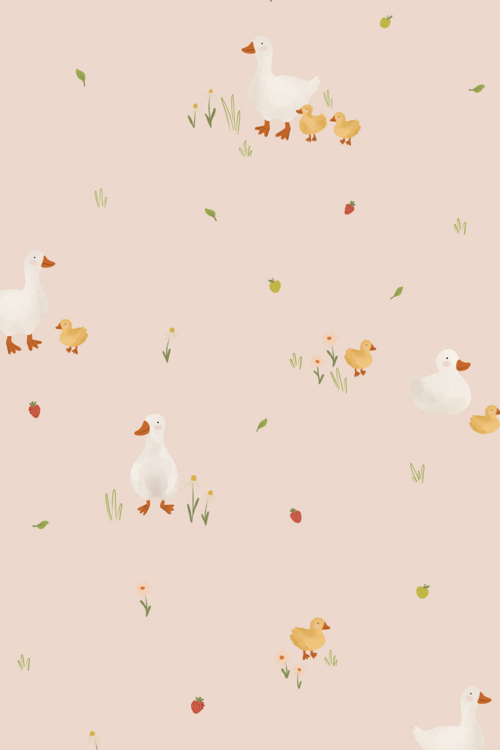 Close-up of The Mallard Meadow wallpaper in shell pink showing the ducks with their ducklings in detail