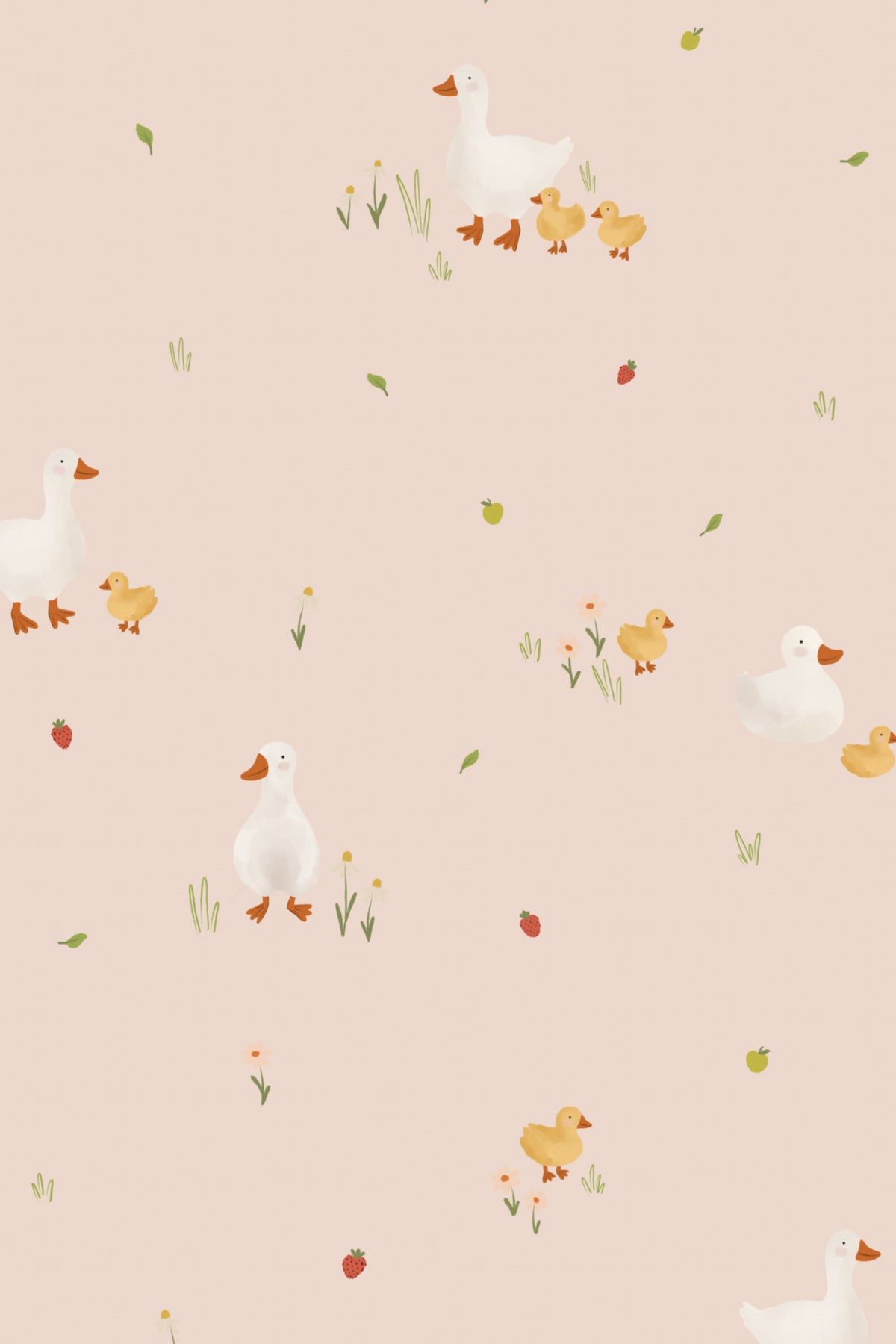 Close-up of The Mallard Meadow wallpaper in shell pink showing the ducks with their ducklings in detail