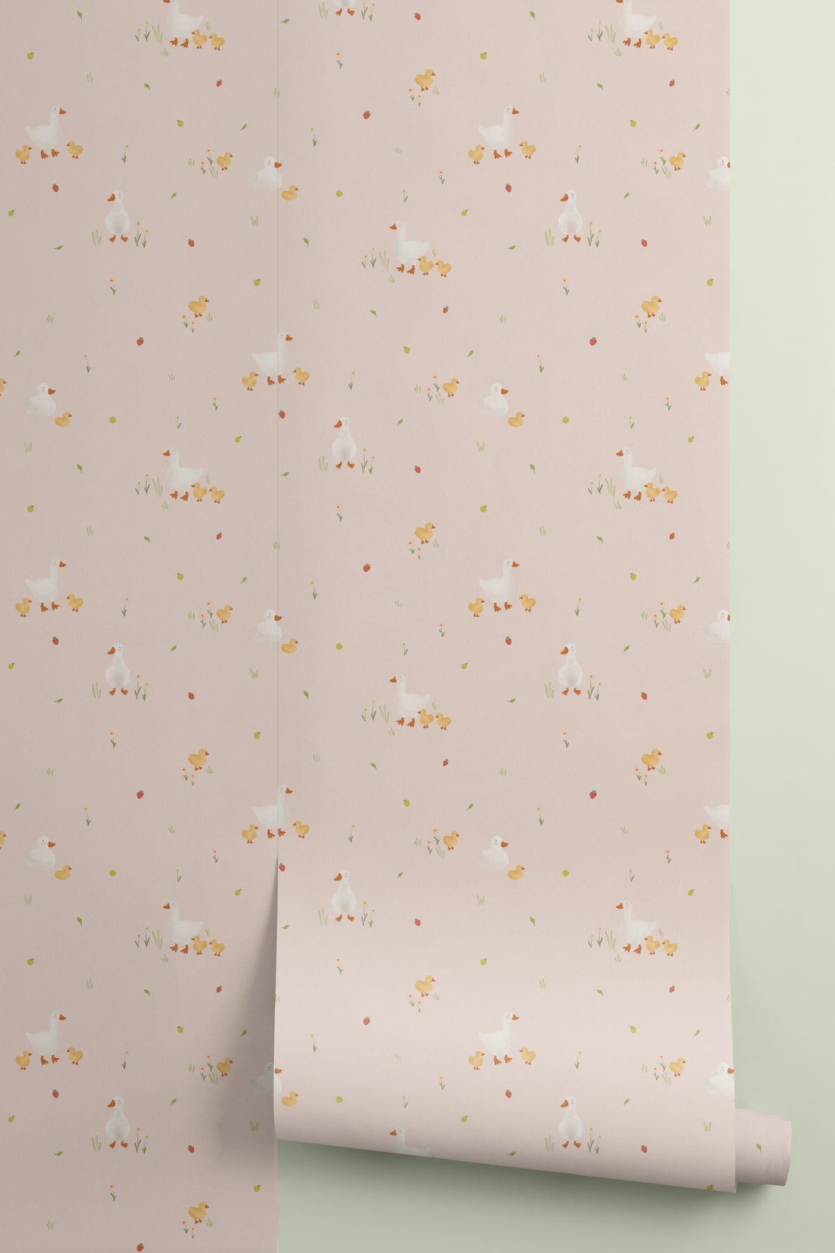 Roll of The Mallard Meadow wallpaper in shell pink