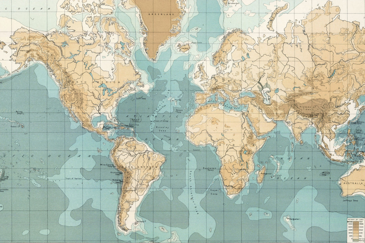 Full artwork view of The Mariner Chart mural in sea blue and parchment, showing vintage chart of ocean depths