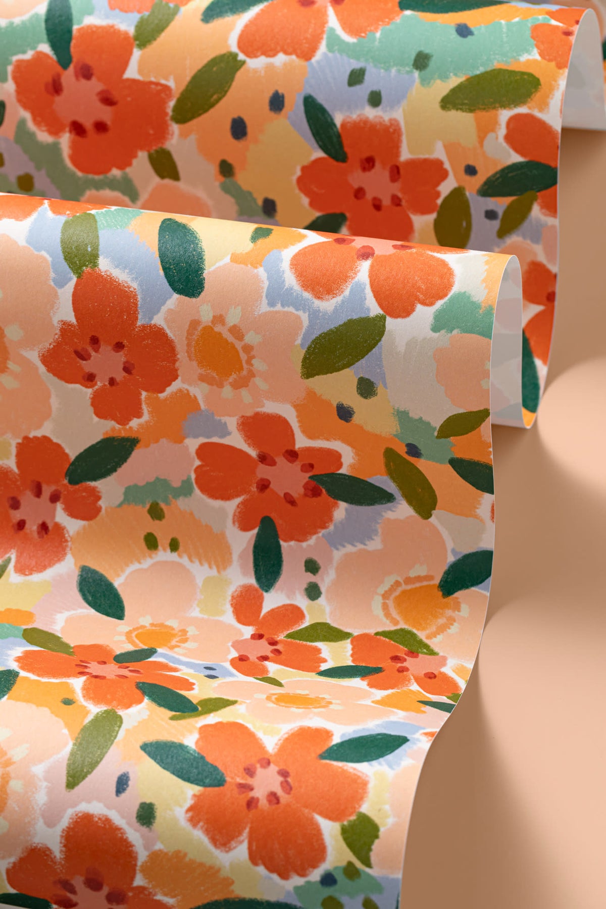 Roll of The Marmalade Bloom wallpaper in tangerine and blush, view 3