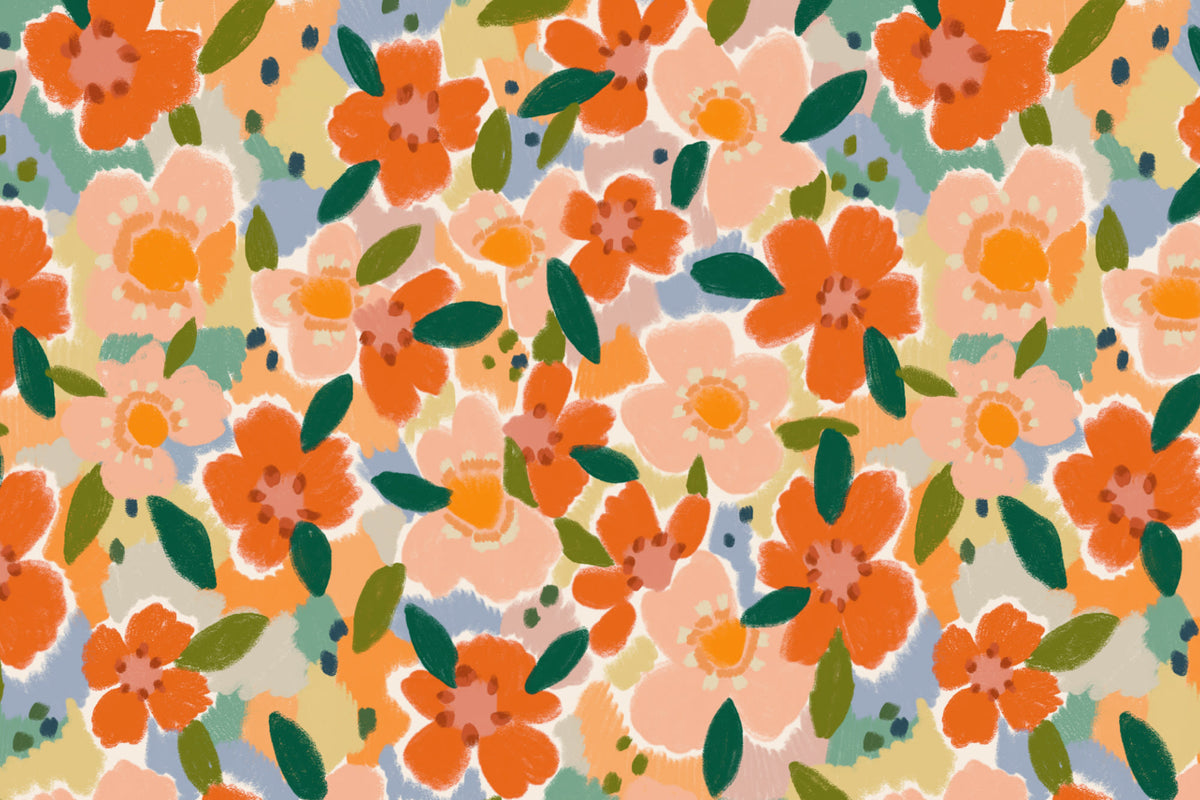 Flat pattern view of The Marmalade Bloom wallpaper in tangerine and blush, showing the painterly oversized flowers