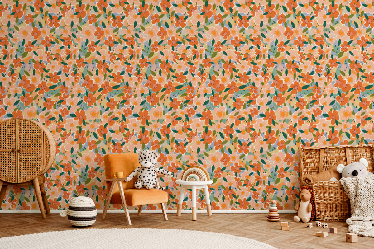 The Marmalade Bloom wallpaper in tangerine and blush in a living room