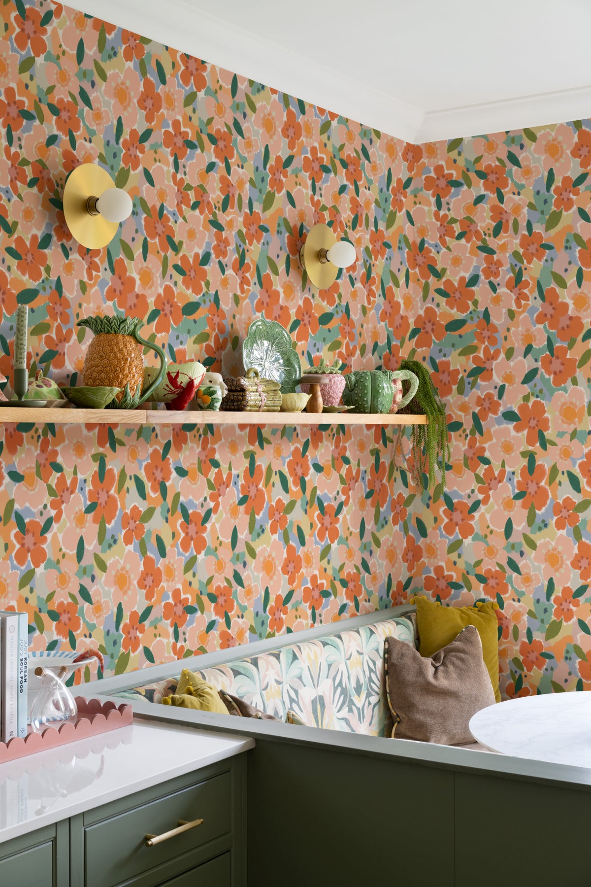 The Marmalade Bloom wallpaper in tangerine and blush in a kitchen