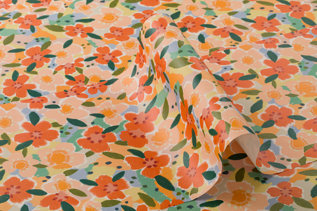 Roll of The Marmalade Bloom wallpaper in tangerine and blush
