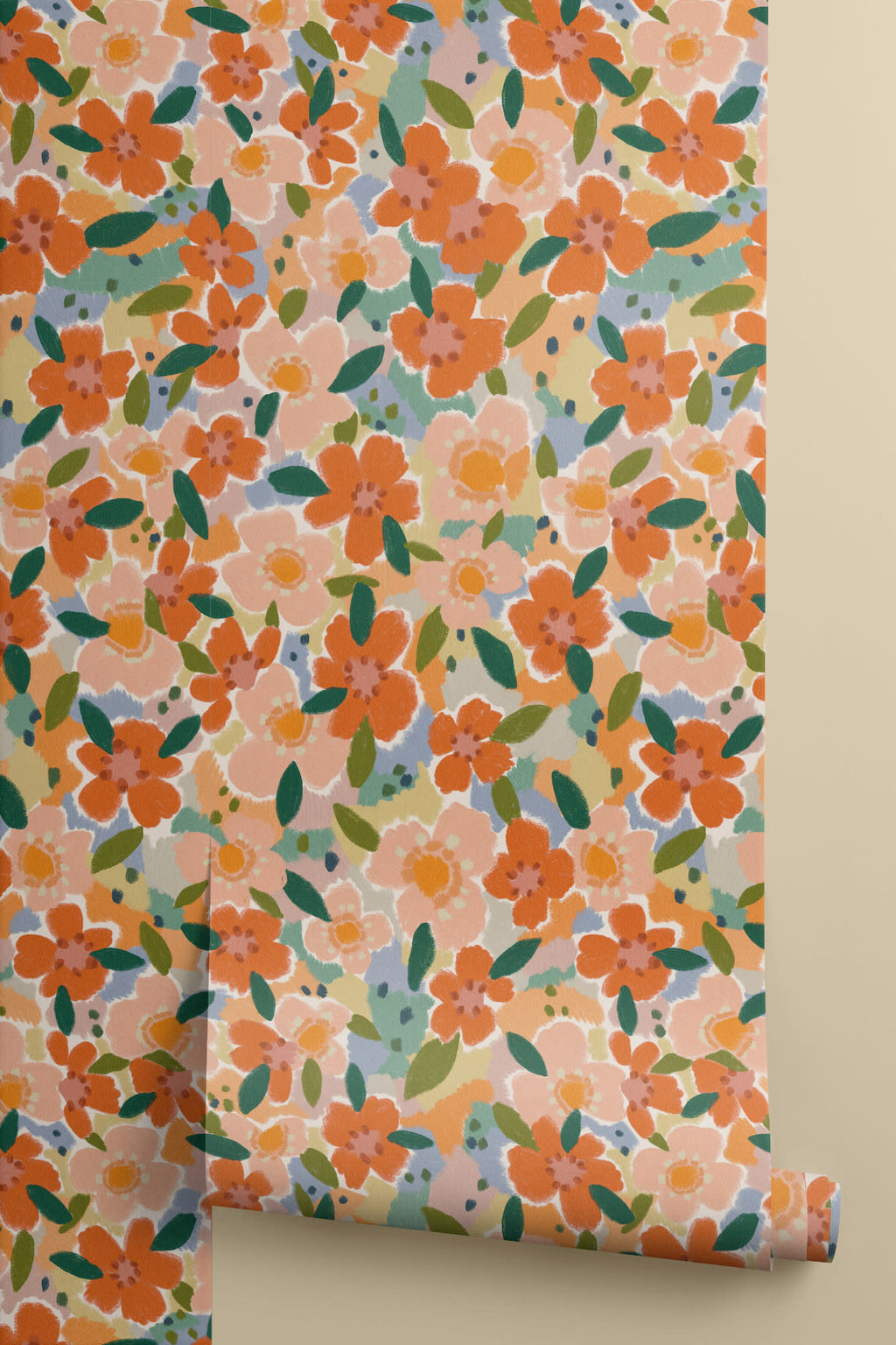 Roll of The Marmalade Bloom wallpaper in tangerine and blush, another angle