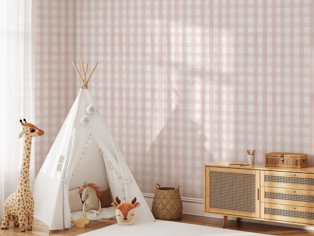 The Meadow Gingham wallpaper in ballet pink in a child's bedroom